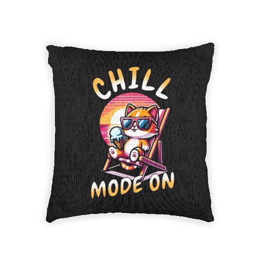 Cool Chill Cat Summer Fan Mode On Woven Pillows