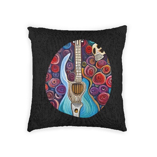 Blue Electric Guitar, Skull and Roses Woven Pillows