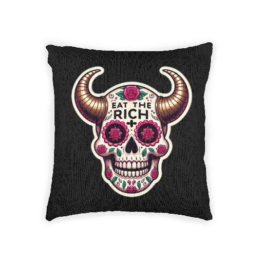 Horned Sugar Skull, eat the rich skull Woven Pillows