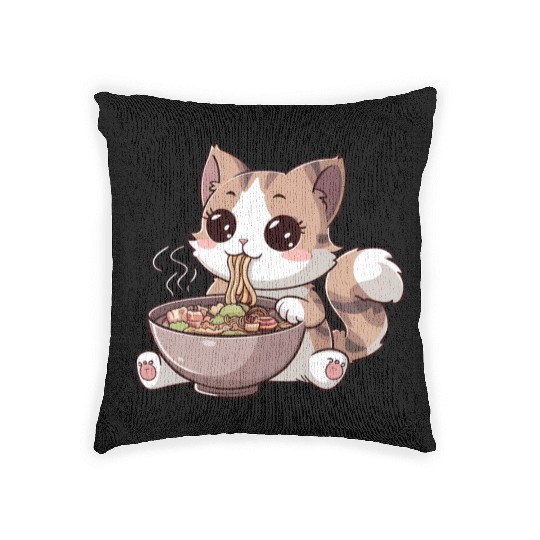 Kawaii Cat Eating Ramen Woven Pillows