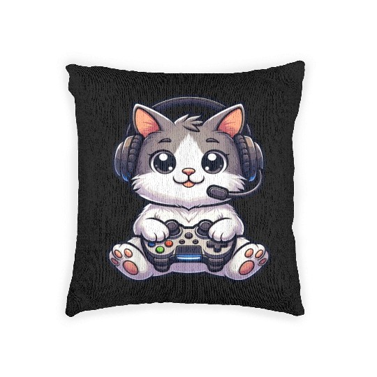 Cute Gaming Cat Playing Console Video Game Woven Pillows