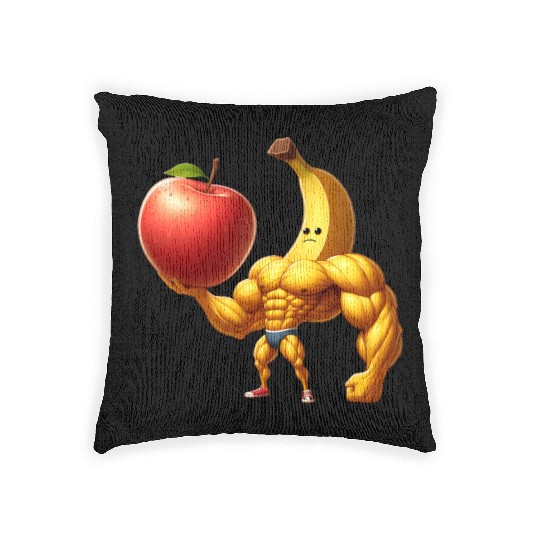 Muscular banana lifts huge apple Woven Pillows
