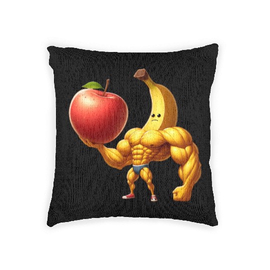 Muscular banana lifts huge apple Woven Pillows