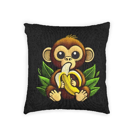 Funny Monkey Eating a Banana Woven Pillows