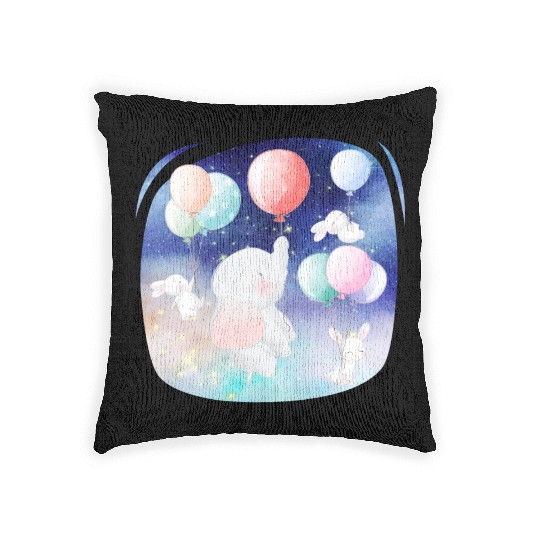 Elephant And Rabbit Flying To Space Using Balloon Woven Pillows