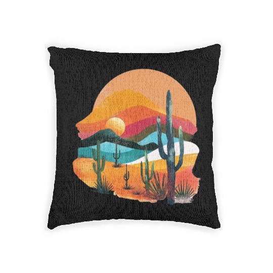 Southwestern Sunset Cactus Landscape Woven Pillows