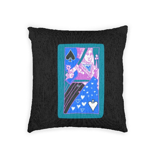 Teal Queen Of Spades Modern Art Playing Card Woven Pillows
