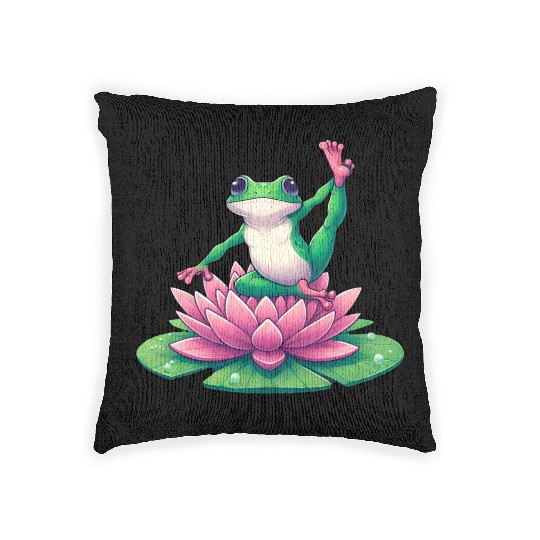 Frog Yoga Meditation on Water Lily Woven Pillows