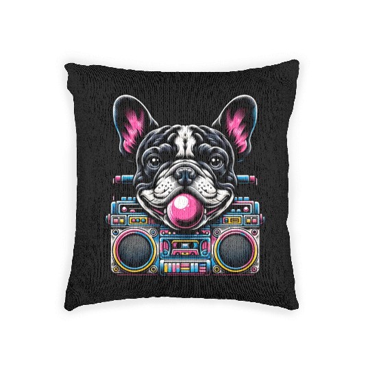 Frenchie Beats: French Bulldog with Music Boom Box Woven Pillows