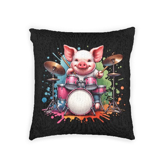 Watercolor Pig Drummer Farm Design Woven Pillows