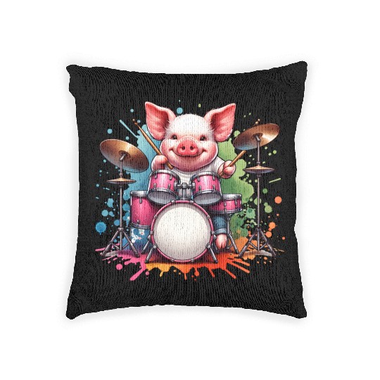 Watercolor Pig Drummer Farm Design Woven Pillows