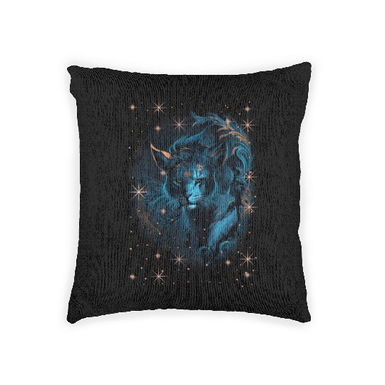 Lurking young male lion with stars and floral orna Woven Pillows