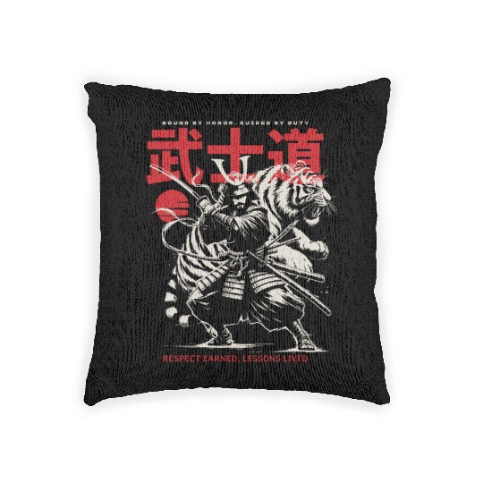 Japanese Samurai with Katana, Kanji Typography Woven Pillows