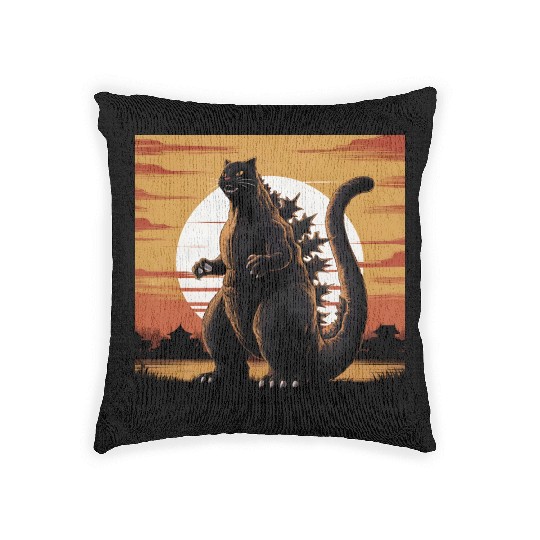 Catzilla Cat Japanese Art Funny Cat Gifts Woven Pillows