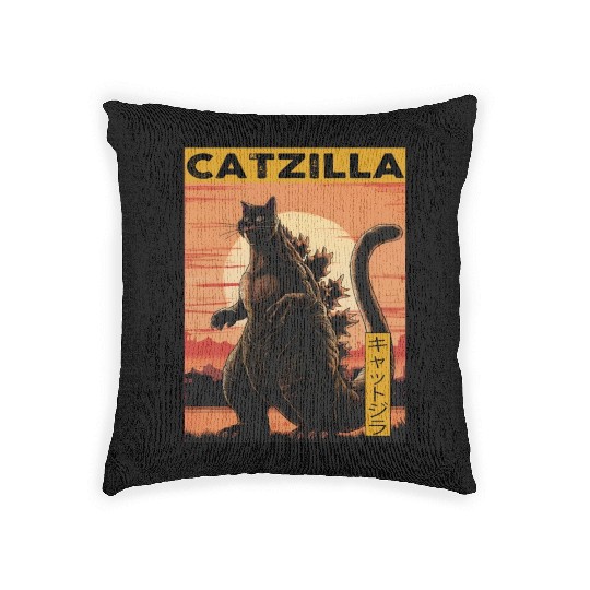 Catzilla Vintage Funny Cute Cat Art Japanese Sunse Woven Pillows