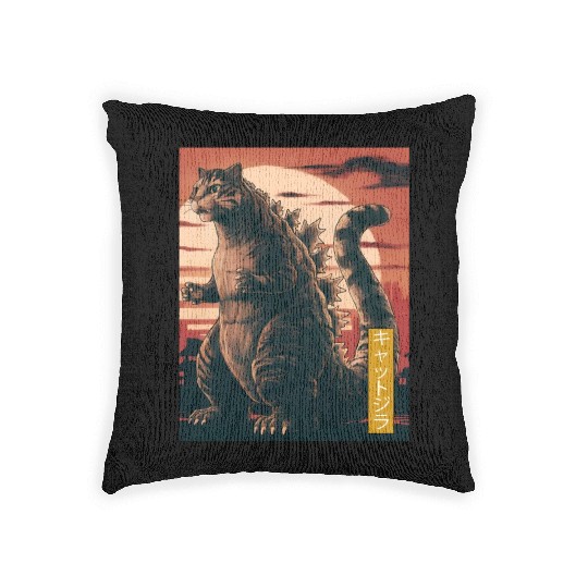 Funny Cute Cat Art Japanese Sunset Retro Catzilla Woven Pillows