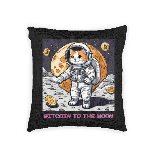 Bitcoin to the moon cat Woven Pillows