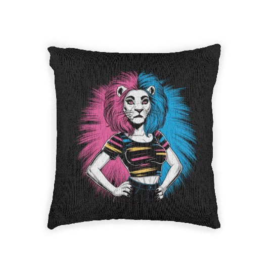 Punk Lion with pink and blue hair retro style for Woven Pillows