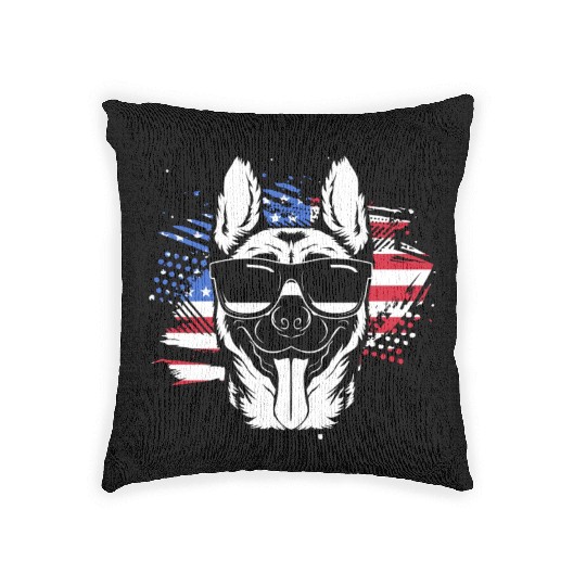 US Flag Belgian Malinois Wearing Sunglasses Woven Pillows