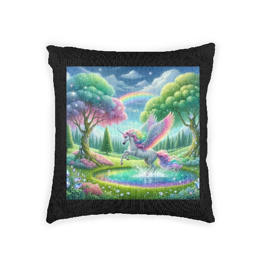 Enchanted Rainbow Unicorn Over Sparkling Pond Woven Pillows