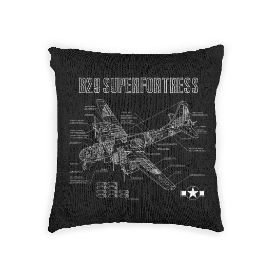 World War 2 Aircraft Blueprint WWII B29 Woven Pillows