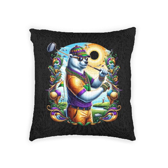 Bear Golfer in Vibrant Mardi Gras Style Woven Pillows