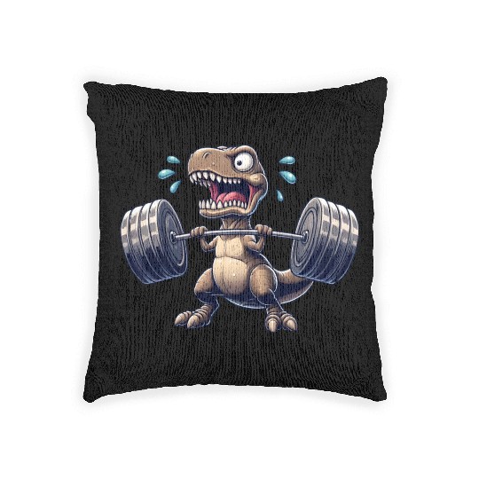 T-Rex dino barbell weightlifter workout fitness Woven Pillows