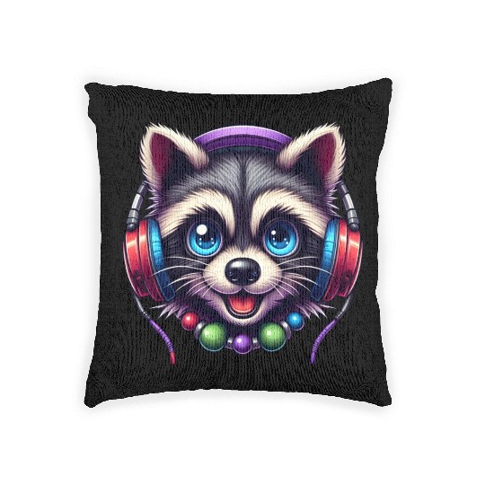 Colorful Raccoon Headphones Graphic Music Lover Woven Pillows