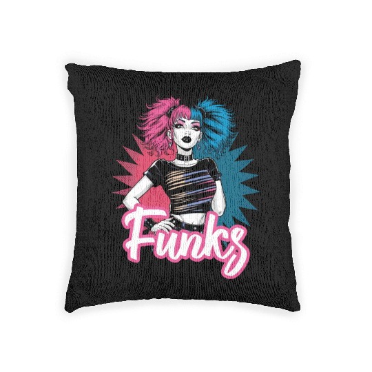Funky girl with pink and blue hair retro style Woven Pillows