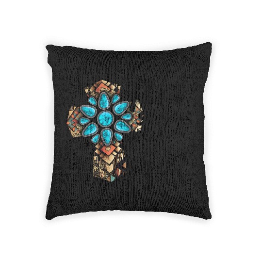 Turquoise Cross Western Aztec Art Woven Pillows