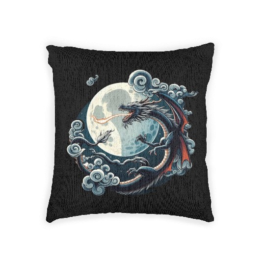 Mystical Dragon and Moon - Celestial Fantasy Woven Pillows