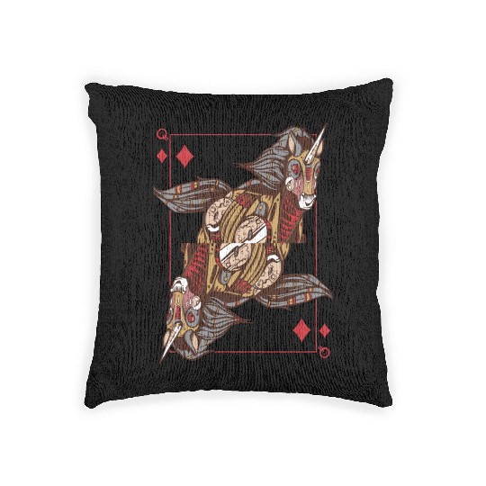 Unicorn steampunk card game Queen of Diamonds Poke Woven Pillows