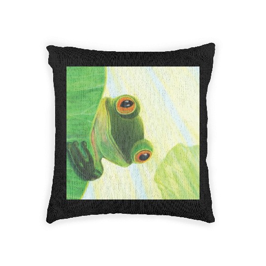Cute Green Frog Peeping out From Behind Lily Pad Woven Pillows