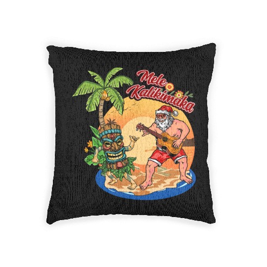 Mele Kalikimaka Funny Santa Playing Guitar Hawaii Woven Pillows