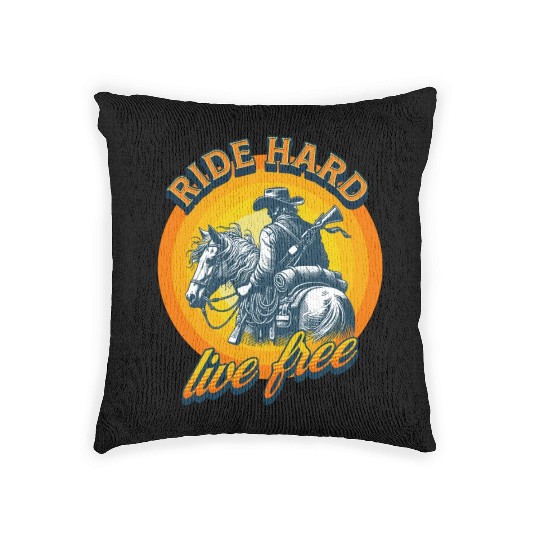 Western American Cowboy Retro Vintage Sunset Woven Pillows