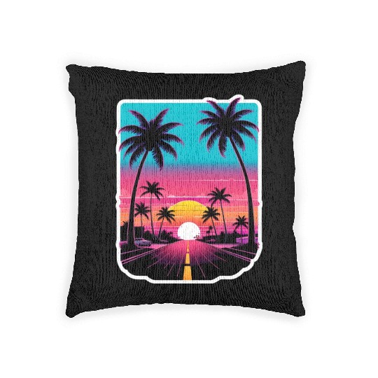 Lonely Road to Miami Sunset Vaporwave 80s Woven Pillows