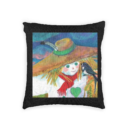 Cute Scarecrow And Barn Swallow Illustration Woven Pillows