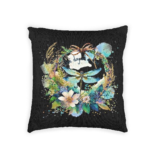 One day at a time dragonfly floral Woven Pillows