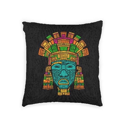 Aztec God Ancient Mythology Tlaloc Mask Vibrant Woven Pillows