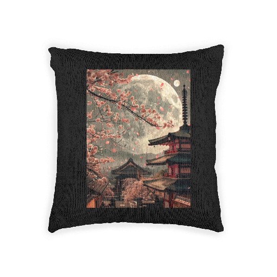Full Moon in Tokyo Japan Sakura Woven Pillows