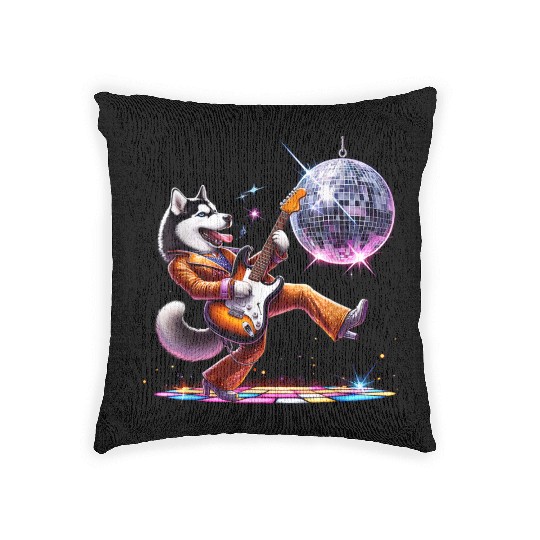 Disco Guitar Husky dog Woven Pillows