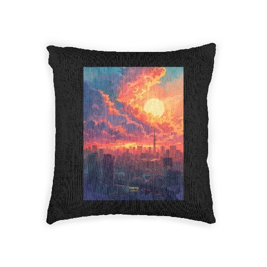 Beautiful Sunset in Tokyo City Japan Woven Pillows