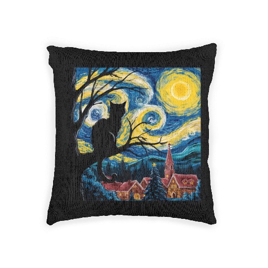 Starry Night Cat Art Premium Woven Pillows