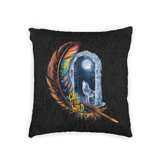 Glowing feather with wolf howling at the moon Woven Pillows