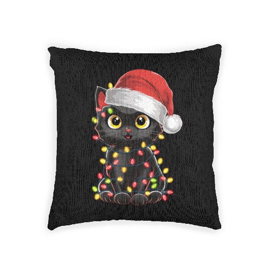 Black Cat Christmas Tree Lights Funny Santa Kitten Woven Pillows