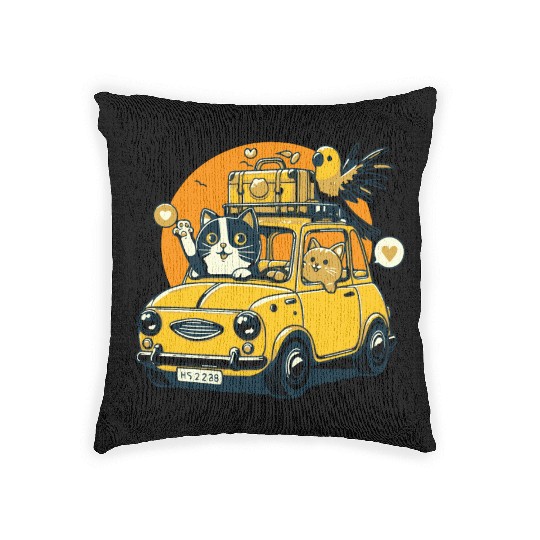 Road Trip by Car : Life's Better with Cat Friends Woven Pillows
