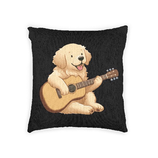Golden Retriever playing guitar Woven Pillows