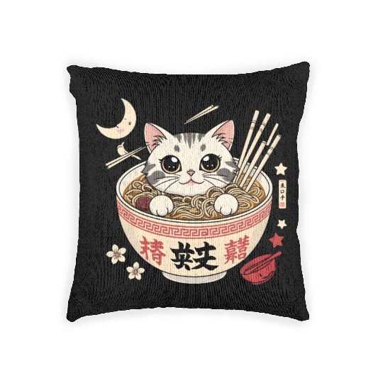 Kawaii Ramen Cat Japanese Noodles for Otaku Lovers Woven Pillows