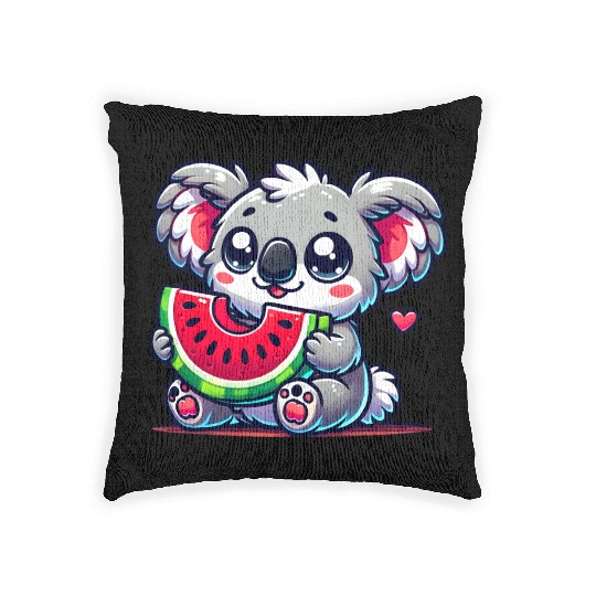 The cute koala enjoys a piece of watermelon Woven Pillows