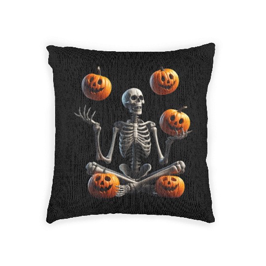Funny Halloween Pumpkin Juggling Skeleton Woven Pillows